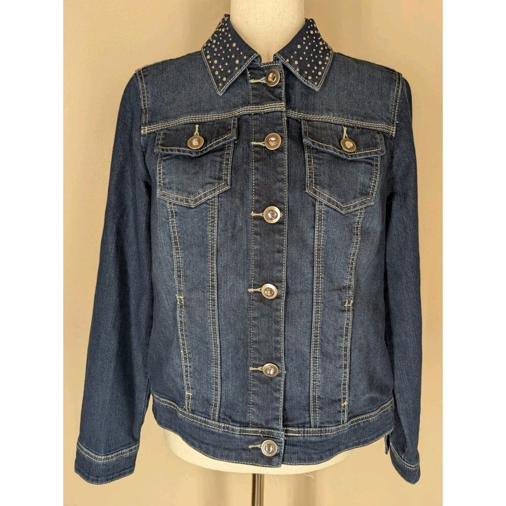 Christopher & Banks Women’s Denim Jacket Rhinestones Rivets Bling Size Small New